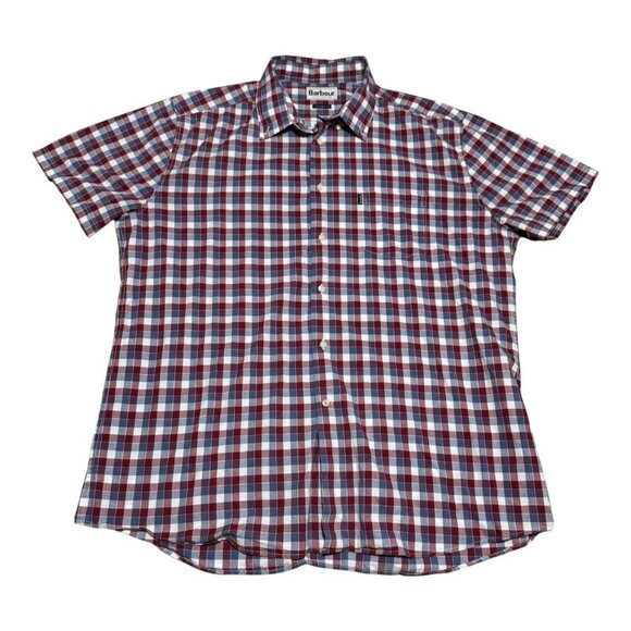 Barbour‎ Cotton Blend Striped Checkered Button Up Short Sleeve Shirt Adult 2XL - Picture 1 of 6